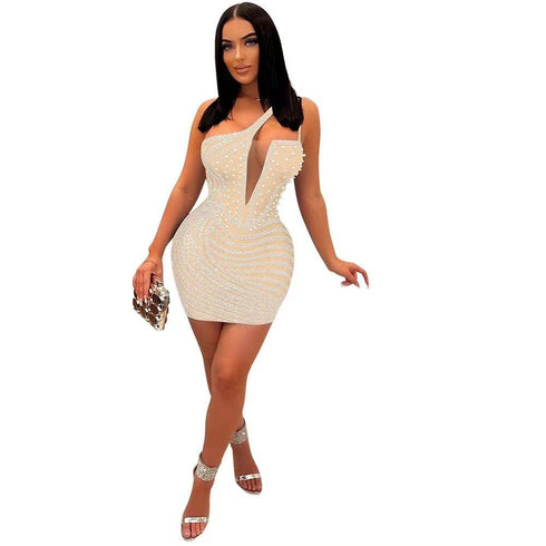 Oblique Shoulder Hot Drill Hip Bag Sleeveless Dress